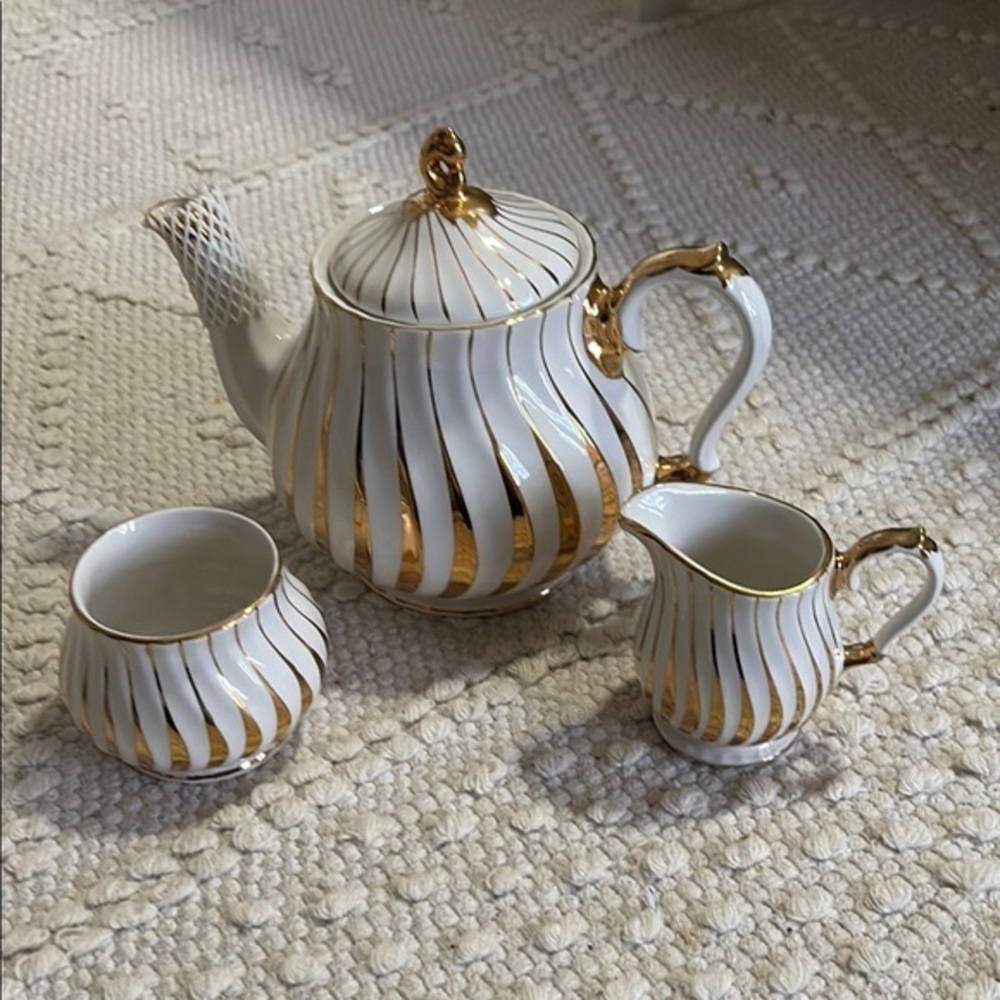 SADLER | vintage Gold and White Tea Set with cream and sugar style # 2737